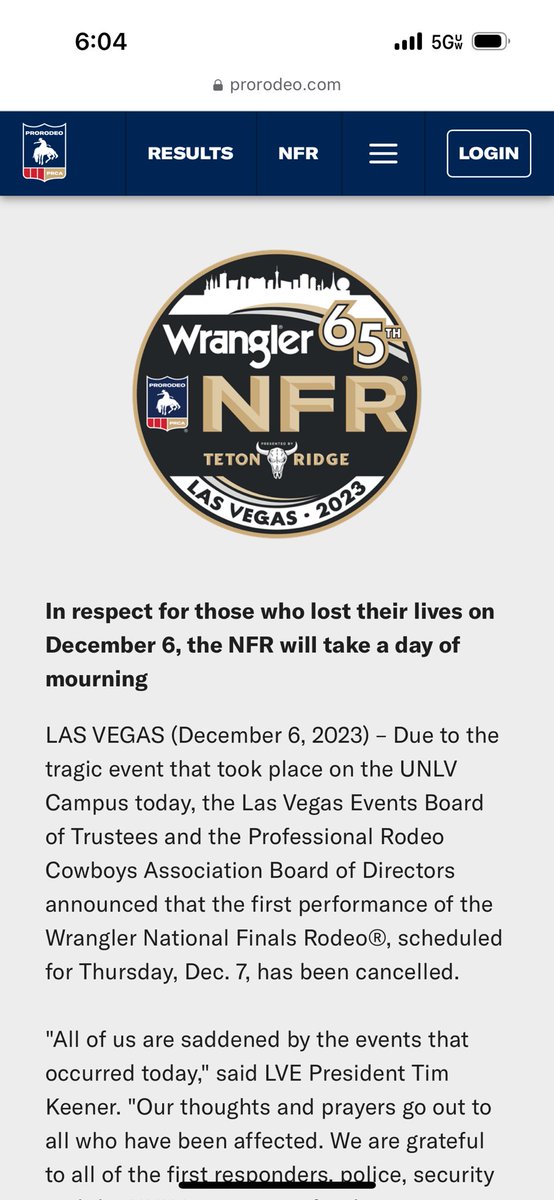 Praying for all who have been affected. For those of us in Las Vegas right now, we are thankful for local first responders. We’ll be waiting on direction from law enforcement &amp; the PRCA.