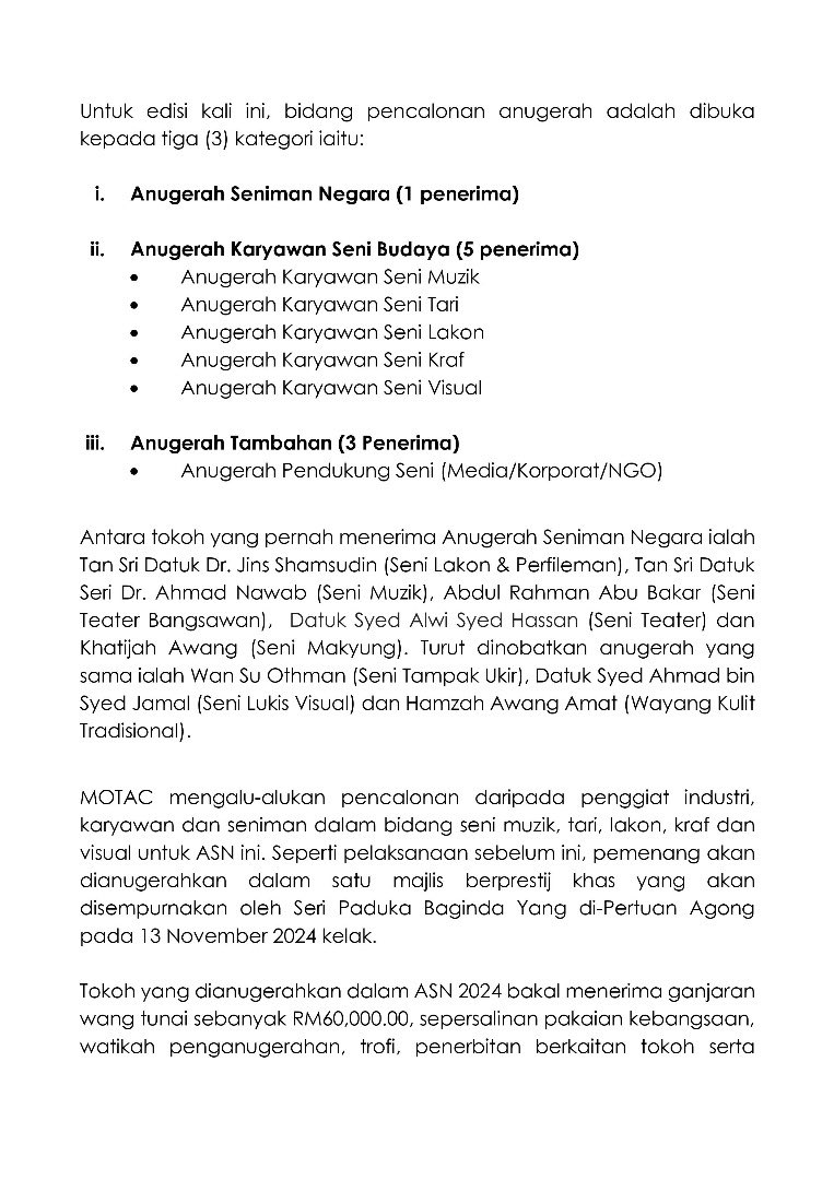 MyMOTAC's tweet photo. 📌 SIARAN MEDIA - PENGANJURAN SEMULA ANUGERAH SENI NEGARA DAN MEMBUKA PENCALONAN MULAI DISEMBER 2023 

#MyMOTAC
#MySeniBudaya
#MalaysiaTrulyAsia
#MalaysiaMADANI https://t.co/qjmBNwDoYX