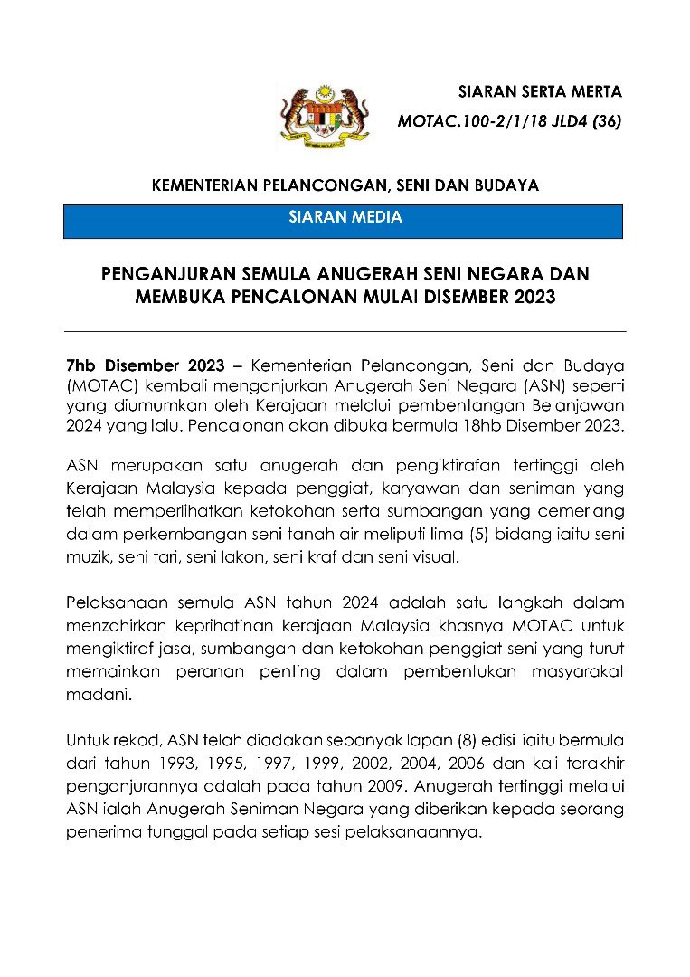 MyMOTAC's tweet photo. 📌 SIARAN MEDIA - PENGANJURAN SEMULA ANUGERAH SENI NEGARA DAN MEMBUKA PENCALONAN MULAI DISEMBER 2023 

#MyMOTAC
#MySeniBudaya
#MalaysiaTrulyAsia
#MalaysiaMADANI https://t.co/qjmBNwDoYX