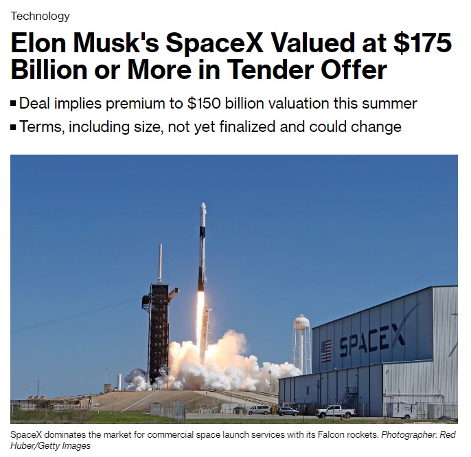 Space X เตรียมเข้าตลาดหลักทรัพย์ - ประเมินกันว่า มูลค่าบริษัทอยู่ประมาณ 1.75 แสนล้านดอลลาร์ - Fun Fact แบบตลกร้าย มูลค่าที่ประเมินนี้ = หนี้สินเชื่ออสังหาทั่วโลกรวมกัน - ถ้าเข้าตลาดตอนนี้ Space X จะเป็นหนึ่งใน 75 บริษัทใหญ่ที่สุดในโลก เทียบเท่ากับ T-Mobile, Nike, China Mobile