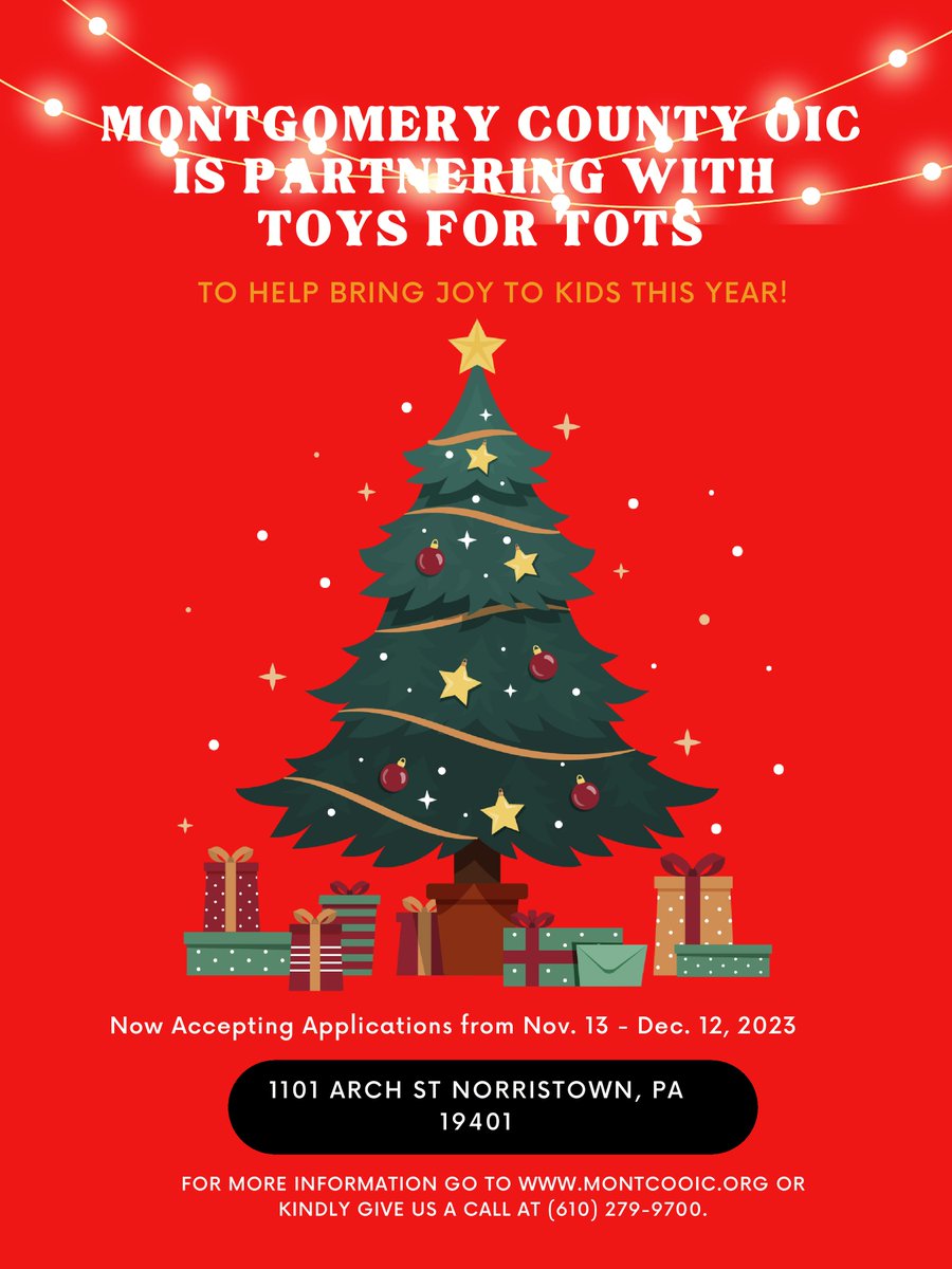 🎁 Exciting News! 🎁 
Toy for Tots at Montgomery County OIC is accepting applications until Dec 12th! If you have any questions or concerns, feel free to reach out via direct email or call at info@montcooic.org or 610-279-9700. Let's make this holiday season special for all!