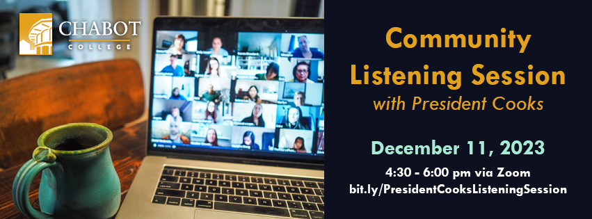 Join Chabot College’s 10th president, Dr. Jamal A. Cooks, at the next community listening forum, where you have a chance to speak directly to him. Let your voice be heard👂! December 11, 2023, 4:30 - 6:00 pm Zoom Meeting ID: 846 1912 8424 Passcode: 638528 bit.ly/PresidentCooks…