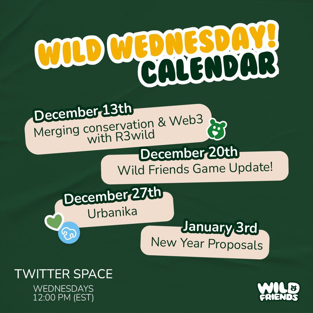 wildfriendsgame's tweet photo. #WildWednesdays are back!
Take a look and save the dates🐻🐆💚
See ya around!! 🐾
#Wildfriends https://t.co/gHbE3lzlwn