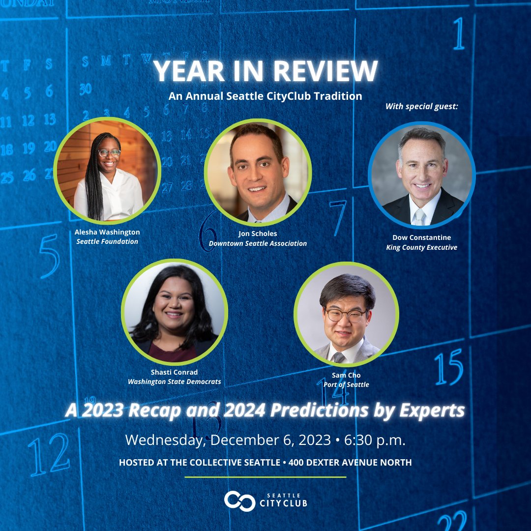 SeattleCityClub's tweet photo. We are LIVE at #YearInReview, an annual #SeattleCityClub tradition. Join us as @kcexec shares the "State of the County." Then, panelists #AleshaWashington, #JonScholes, @ShastiConrad, and @SamChoTweets will recap the year and make predictions for 2024.
#SeattleEvent #Civics https://t.co/ORijvW95a9