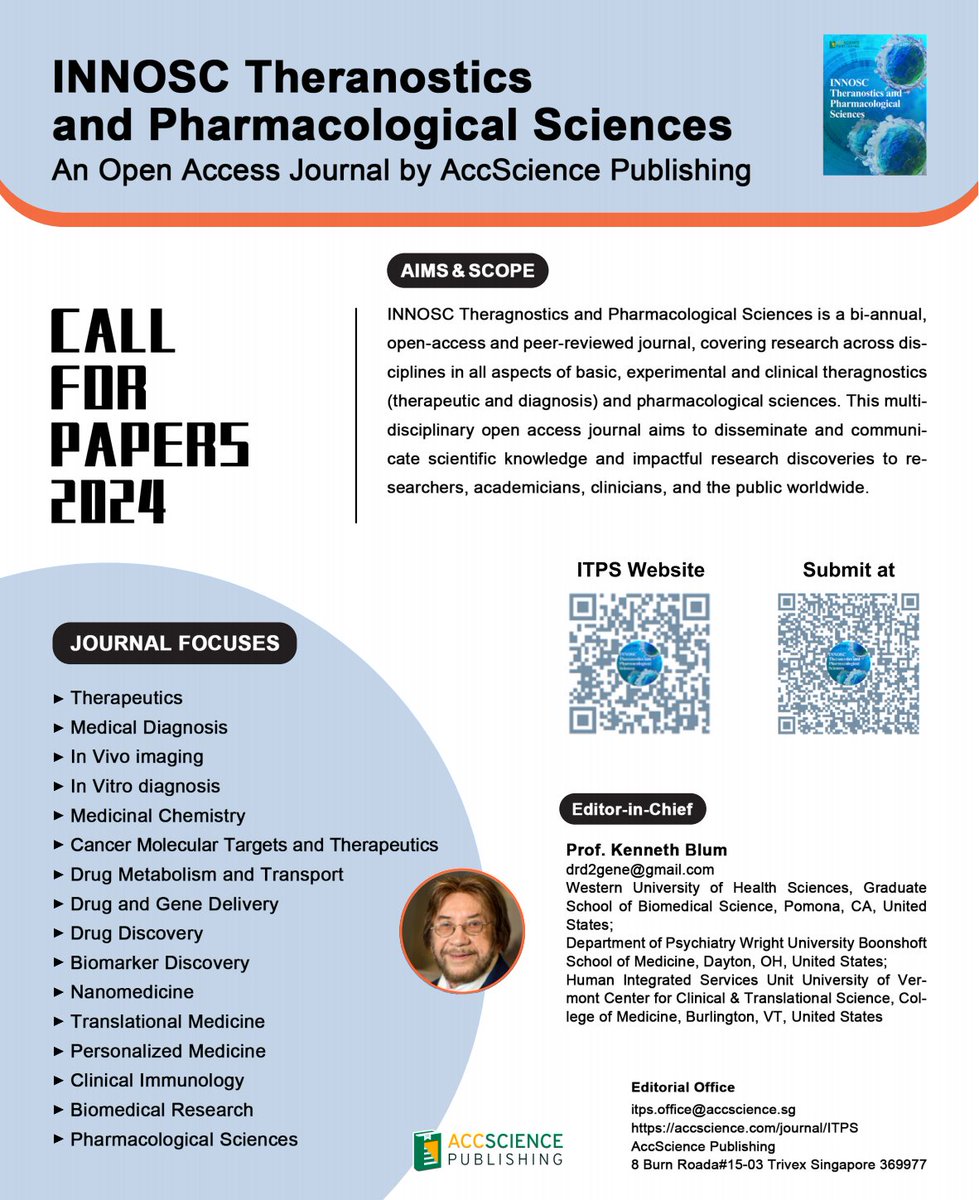 ITPS_ASP's tweet image. 📢Call for papers:
INNOSC #Theranostics and #Pharmacological Sciences