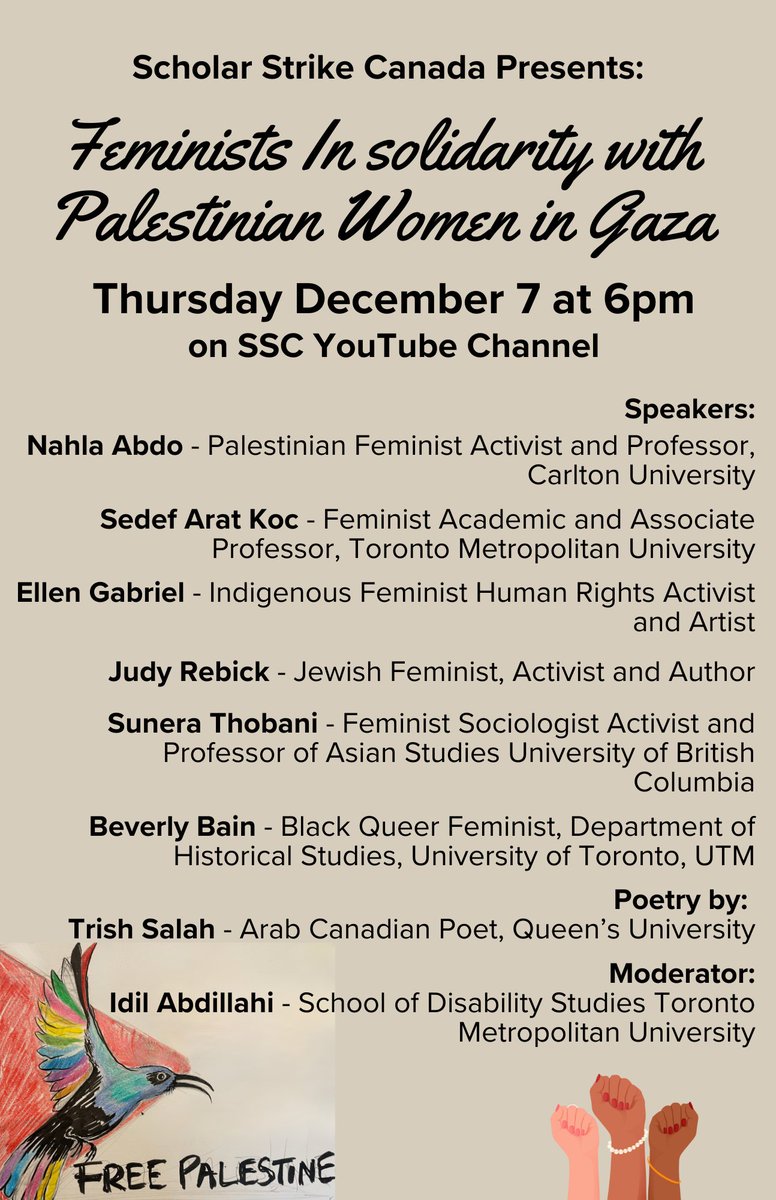 Feminist in Solidarity with Palestinian Women in Gaza - Thursday December 7th at 6pm. Watch at youtube.com/watch?v=tnpSiP…

Please share widely and join us online for this panel.