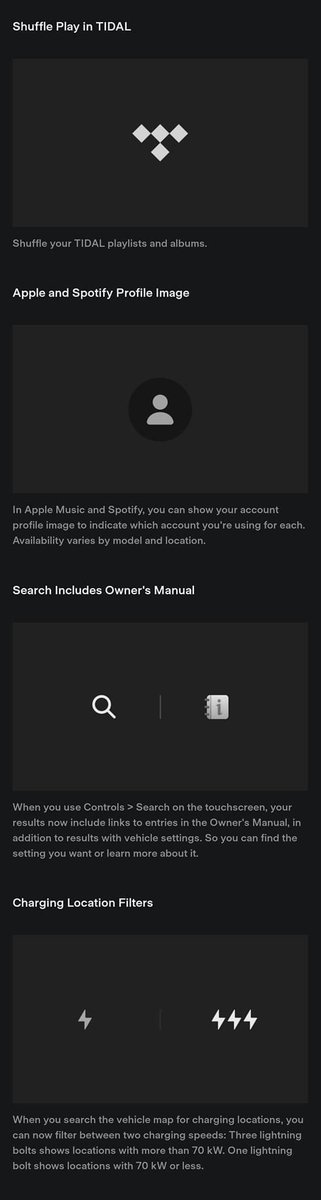 DriveTeslaca's tweet photo. Here are the release notes for the 2023 @Tesla Holiday Update 🤶🎄🎁

-Apple Podcasts
-Tesla Arcade Updates
-Automatic 911 calls
-Trip Planner on Mobile App
-More Cameras in Live Camera View
-Automatic Blind Spot Camera
-Light Show
-Shuffle Play in TIDAL
-Apple and Spotify Profile Image
-Search Includes Owner's Manual
-Charging Location Filters

What do you think? 👍👎

Details of each feature in the images below.

h/t: @Stefan_Rad