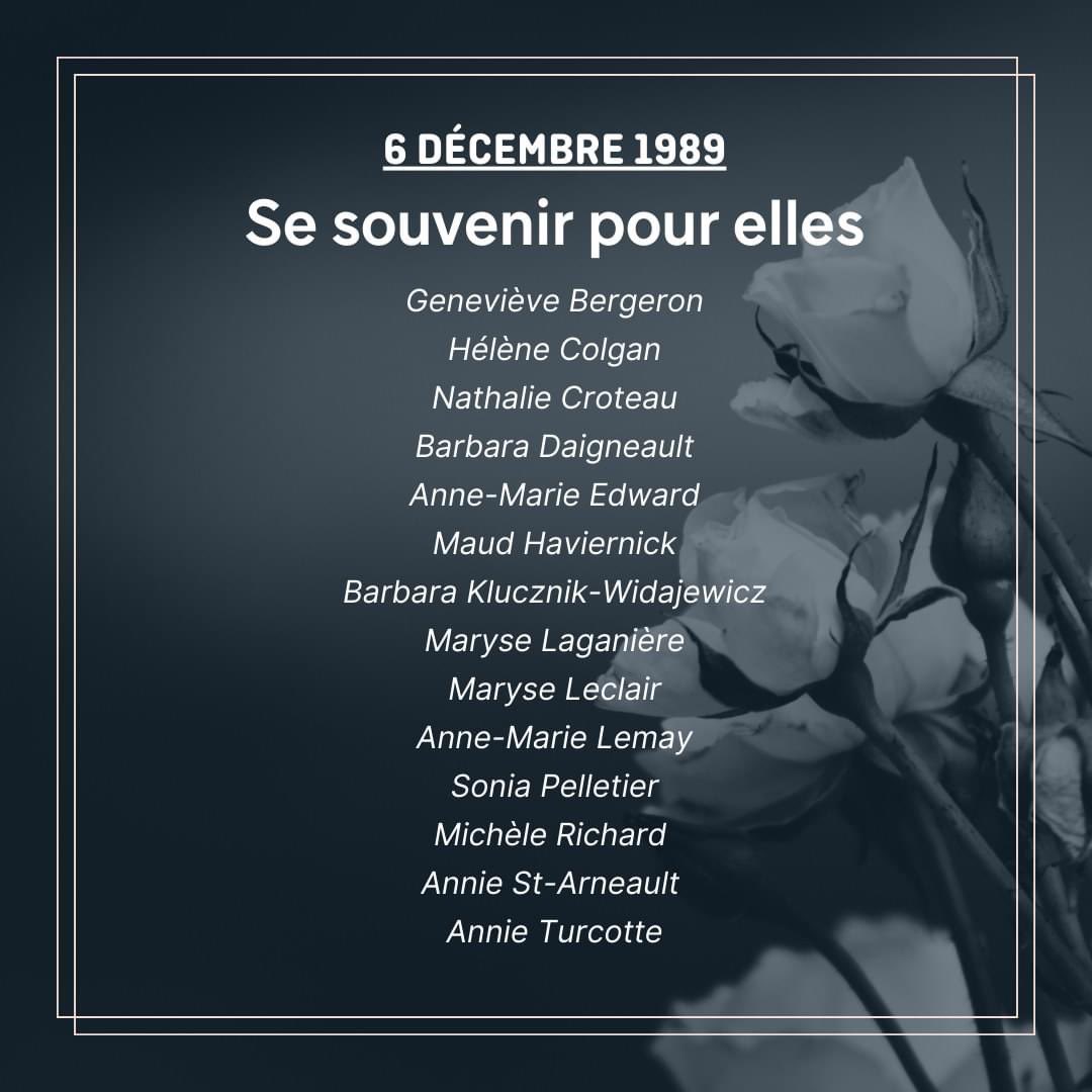 femmes_in's tweet photo. 6.12.1989

🤍🕊14 FEMMES🤍🕊

Polytechnique se souvient des 14 jeunes femmes qui ont perdu la vie tragiquement le 6 décembre 1989.

#stopviolenceagainstwomen #précarité #genre #violence #stopviolence #12daction #campagne #woman #women #diversity #noviolence #womansupportingwomen https://t.co/ooGcjTyW3u