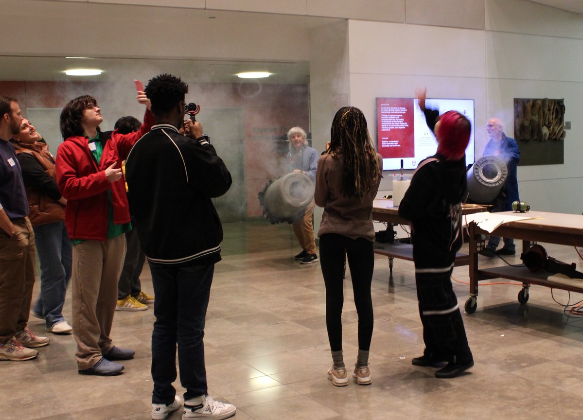 #UChicago Profs. Sid Nagel and Heinrich Jaeger performed on a bed of nails for Bennet Day Academy HS students studying science communication & media. #MRSEC #NSFfunded