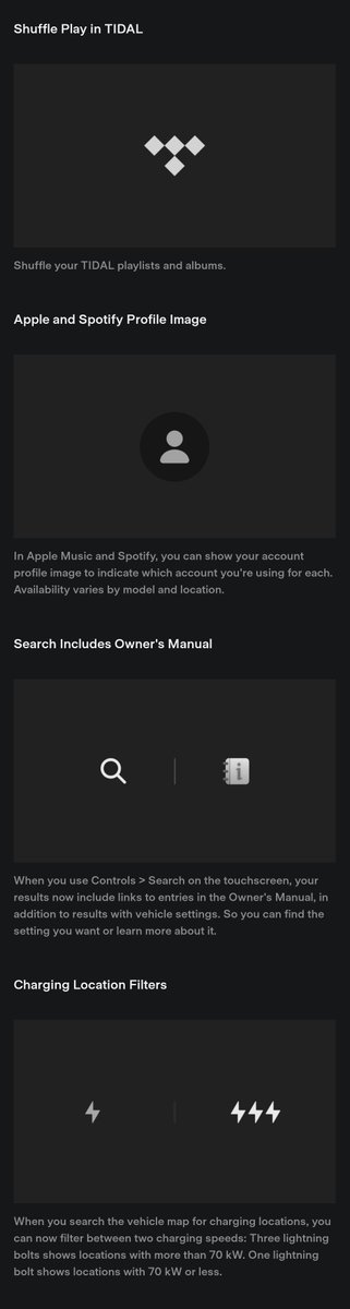NotATeslaApp's tweet photo. Here is your Tesla's 2023 holiday update:

- Trip Planner on Mobile App
- More Cameras in Live Camera View
- Automatic Blind Spot Camera
- Light Show
- Apple Podcasts
- Tesla Arcade Updates
- Automatic 911 Calls
- Speed Cameras on Your Route
- Shuffle Play in TIDAL
- Apple and Spotify Profile Image
- Search Includes Owner's Manual
- Charging Location Filters

It's possible that there could be other features that are limited by region or hardware and do not show up here.