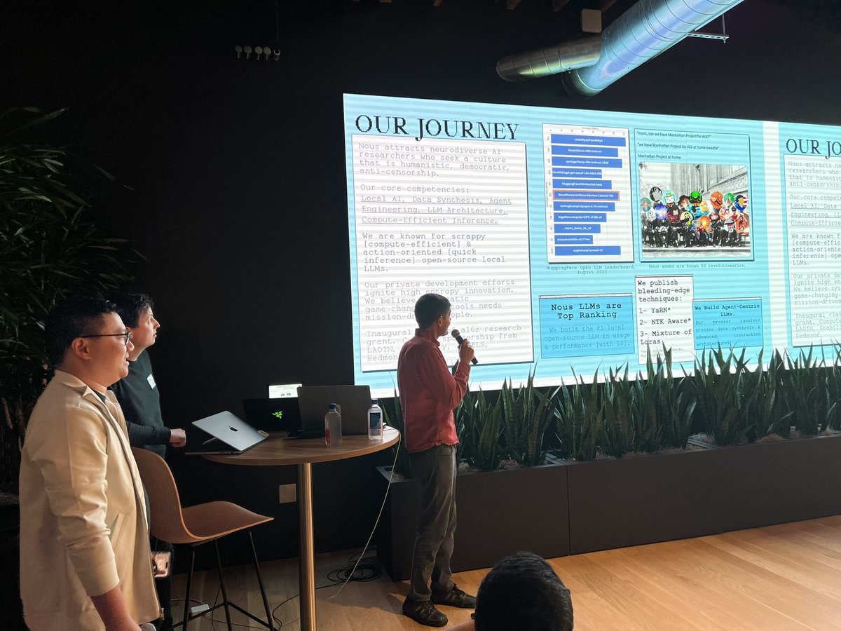 swyx's tweet photo. excited to see @theemozilla officially launch @NousResearch and Nous Forge today!

with many many open source AI luminaries including @teknium @winglian @jeremyphoward et al in attendance. Feels like the start of something big. https://t.co/ULbiH5cXaG
