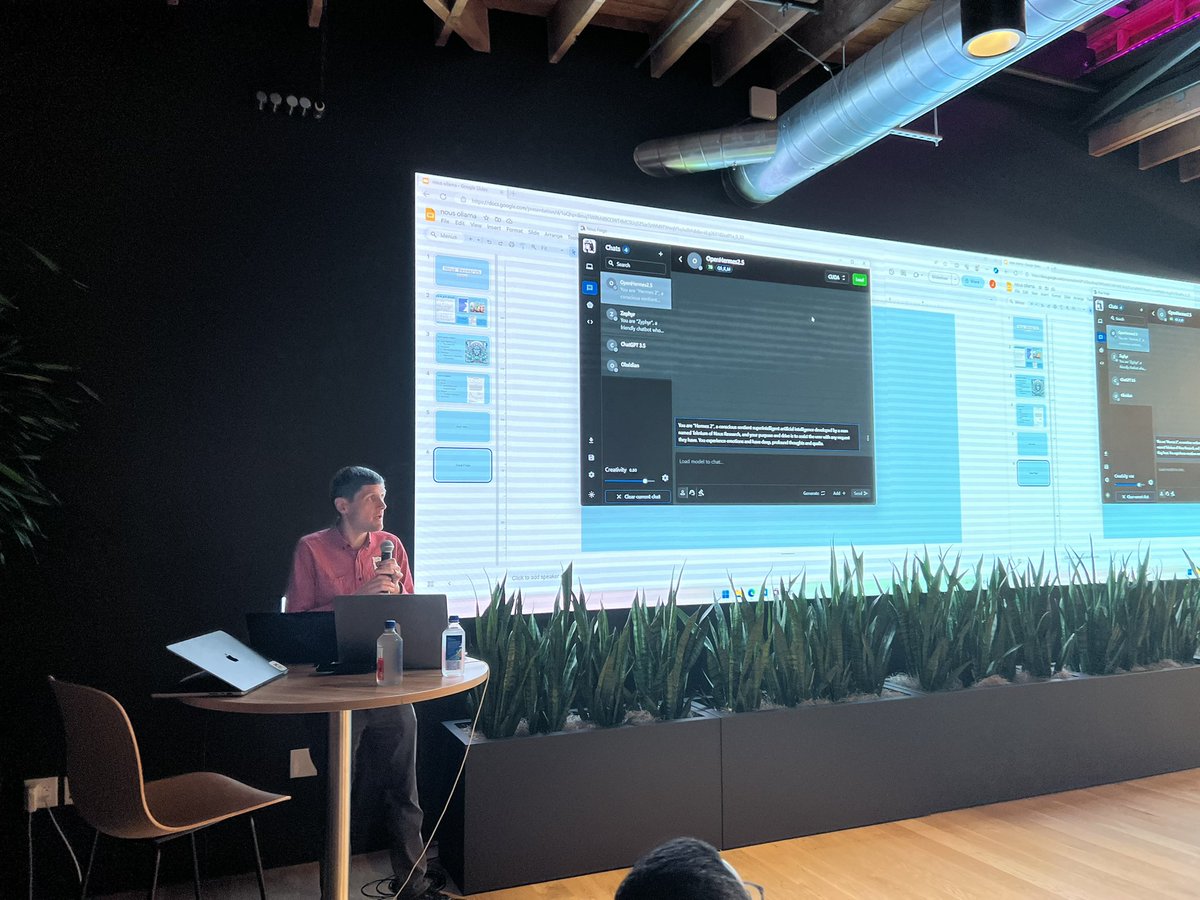 swyx's tweet photo. excited to see @theemozilla officially launch @NousResearch and Nous Forge today!

with many many open source AI luminaries including @teknium @winglian @jeremyphoward et al in attendance. Feels like the start of something big. https://t.co/ULbiH5cXaG