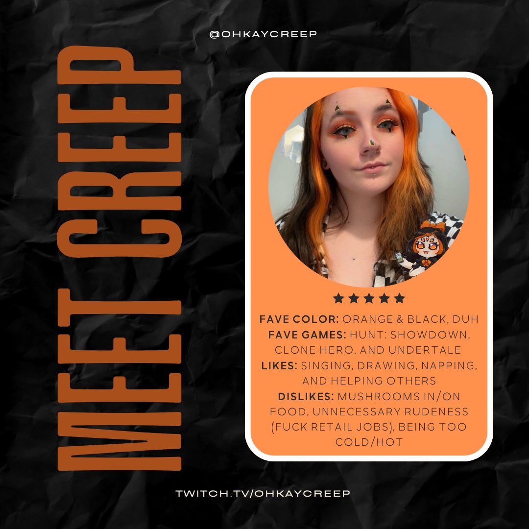 🚨new member alert 🚨 everyone welcome @ohkaycreep 🧡🖤 we’re excited for all the creepy vibes hehe 

—-
•
•
•
•
•
#DCT #dontclipthat #twitchstreamer #smallstreamer #smallstreamers #twitchgirls #girlstreamers #girlgamer #streamergirl