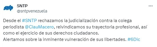 #6Dic | El Sindicato de Trabajadores de la Prensa (<a href="/sntpvenezuela/">SNTP</a>) rechazó la orden de detención contra Claudia Macero, periodista y miembro del equipo de comunicaciones de <a href="/VenteVenezuela/">Vente Venezuela</a>, partido presidido por @MariaCorinaYa.

"Rechazamos la judicialización contra la colega