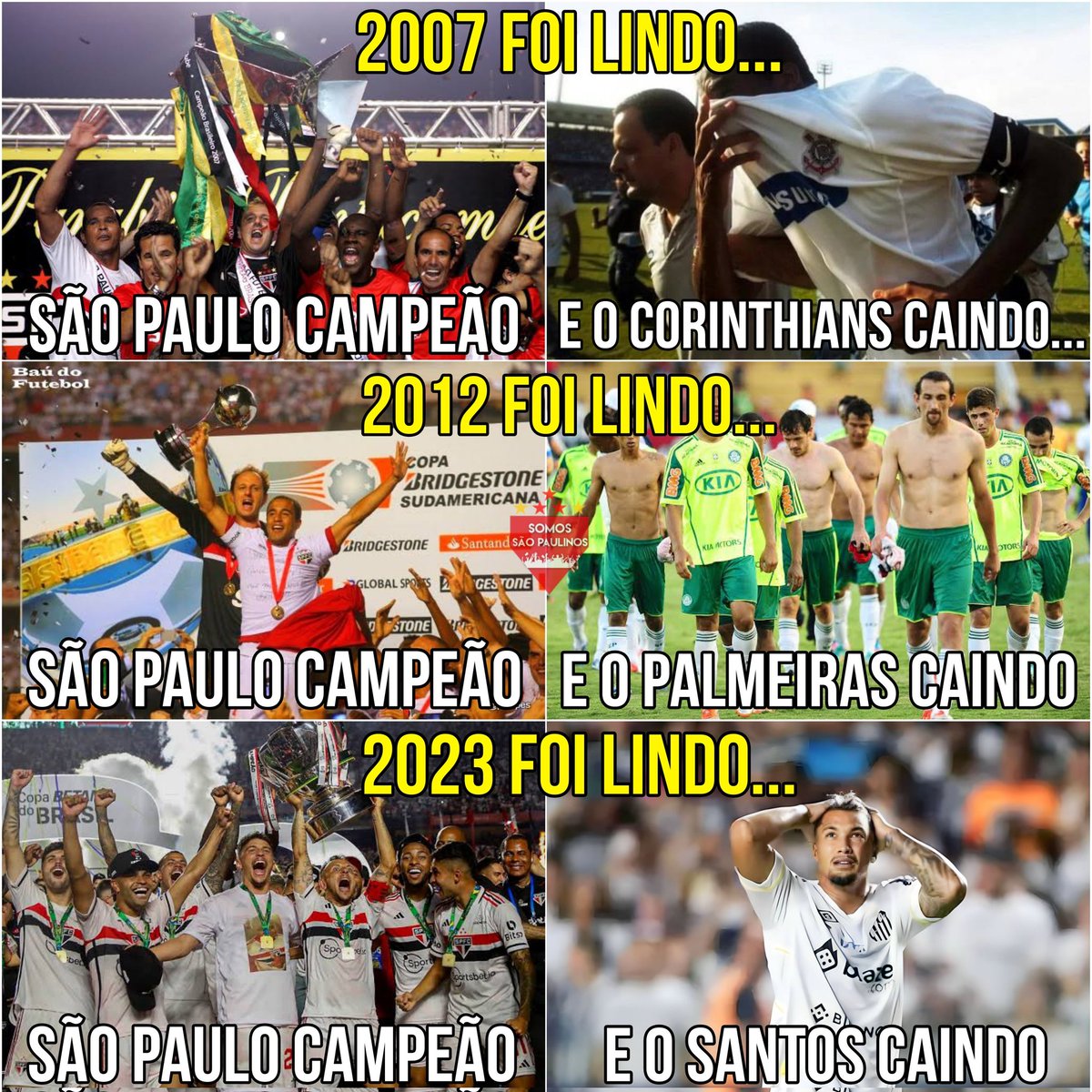 2007: São Paulo campeão e Corinthians rebaixado
2012: São Paulo campeão e Palmeiras rebaixado
2023: São Paulo campeão e Santos rebaixado

🥱🇾🇪