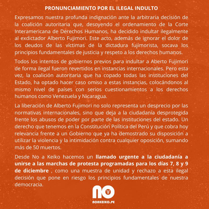 noakeikope's tweet photo. Mañana marchamos contra el ilegal indulto, contra la coalición dictatorial del Congreso + Boluarte + Otárola, contra el TC a medida del #fujicerronismo, y contra la fiscal de la mafia.

📍Plaza Dos de mayo
⏱4 P. M.

¡Por justicia y dignidad, #FujimoriNuncaMás!
#QueSeVayanTodos https://t.co/RPbwuvMUh5