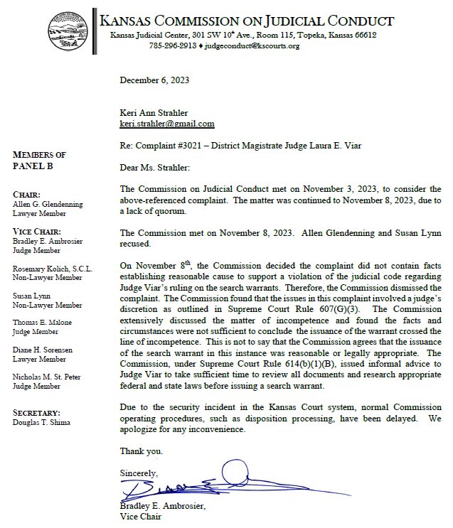 A Kansas judicial board has quietly swept the improper search warrant authorizing the raid on the Marion County Record under the rug, sniffing that the record was “not sufficient to conclude the issuance of the warrant crossed the line of incompetence.” kansasreflector.com/2023/12/06/kan…