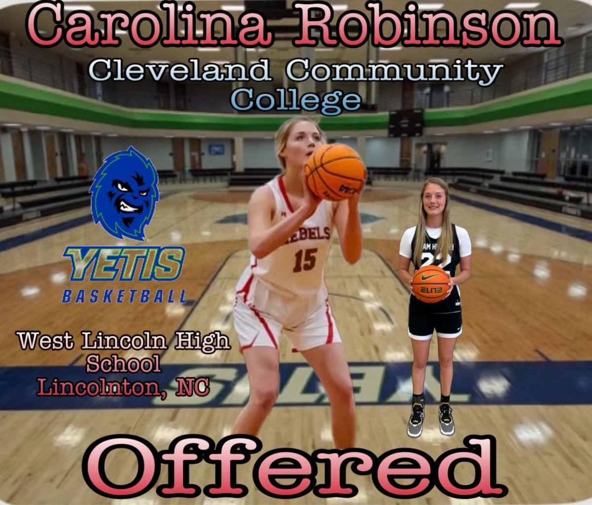 Congratulations to @CarolinaR0626(Carolina Robinson) from West Lincoln High School on her first offer to continue her academic and athletic career at Cleveland Community College.
