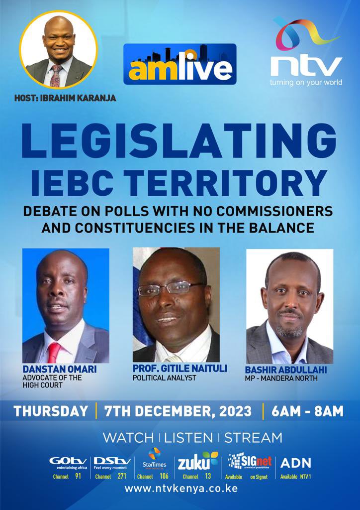 I will be on NTV @AMLiveNTV this morning to deliberate on matters IEBC amendments from 6A.M
Stay tuned.