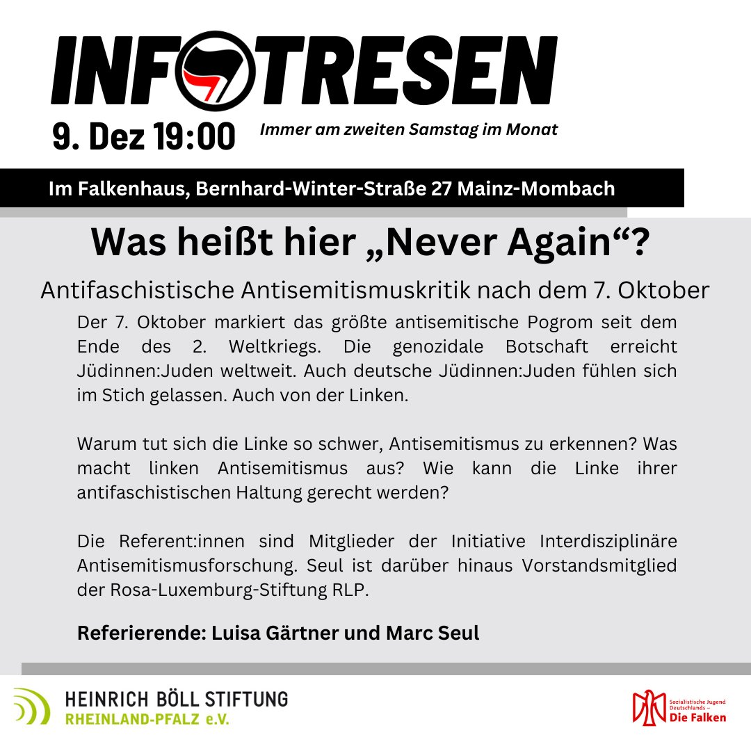 Am kommenden Samstag treffen wir uns um 19 Uhr zu unserer bereits 4. Veranstaltung unter dem Titel, Was heißt hier "Never Again"?. Diesmal in #Mainz #Mombach im Falkenhaus. Bitte beachten. Kommt gern rum.
