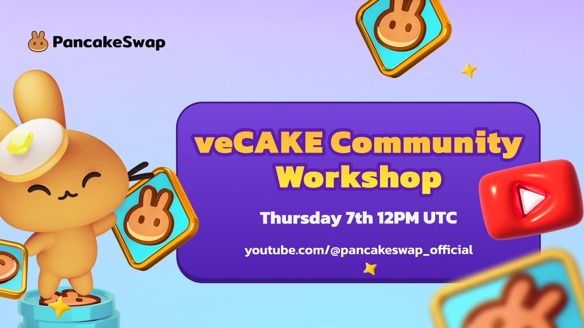 PancakeSwap's tweet photo. Our Community Workshop with Chef Bun and Chef Fran is happening in 9 hours! 

🎉 Don't miss out on the veCAKE and Gauges System class.  

📅 Dec 7th 
🕓 12PM UTC  
📍 Set your reminder: https://t.co/s82fu7aWFS  

Get ready to learn and have fun! 📚 https://t.co/rsdFYiGlI7