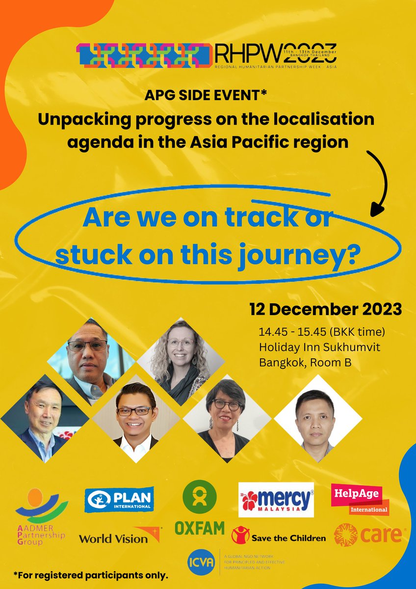 🍀 YOU ARE INVITED
 💪Let's join APG’s side event at the Regional Humanitarian Partnership Week – Asia Pacific 2023? “Unpacking progress on the localisation agenda in the Asia Pacific region; are we on track or stuck on this journey?”
👉Learn more: icvanetwork.org/events/regiona…
