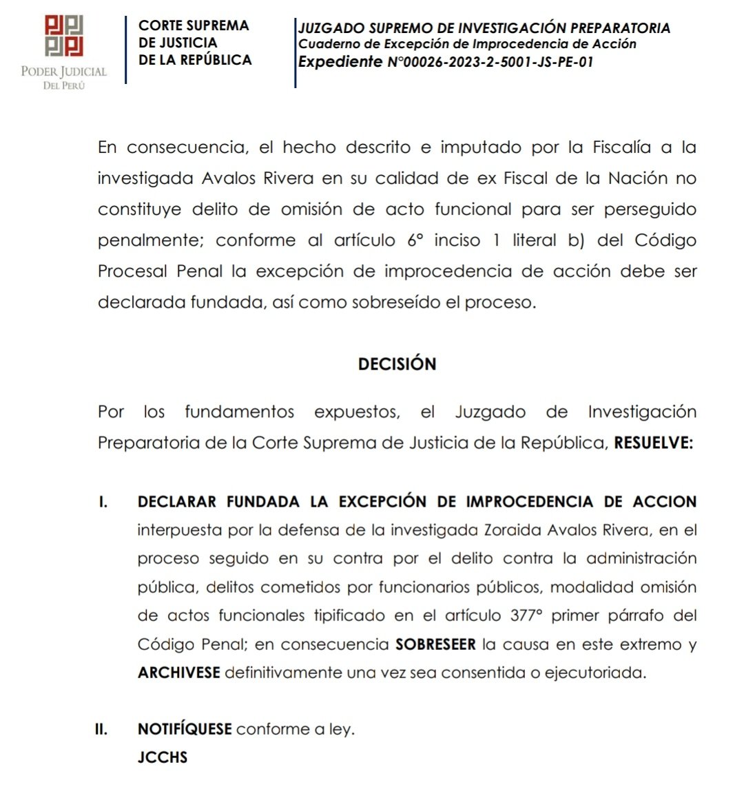 -Congreso inhabilita a Zoraida Ávalos y ordena procesarla x omisión de funciones
-Avalos pide al PJ archivar el caso porque lo q le atribuyen no configura delito
-PJ le da la razón y archiva el caso
Lo aprobado x el Congreso no resistió la mínima revisión judicial
<a href="/Politica_ECpe/">Política El Comercio</a>