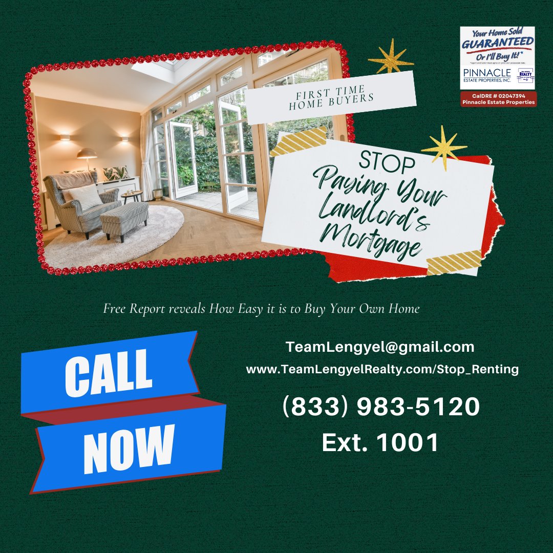 First-time Home Buyers and Renters teamlengyelrealty.com/stop_renting (833) 983-5120 Ext. 1001 Teamlengyel@gmail.com Team Lengyel/CalDRE#02047394/Pinnacle Estate Properties #yourhomesoldguaranteed #californiarealestate #buying #renters #realestateinvesting #homebuyers #realtor
