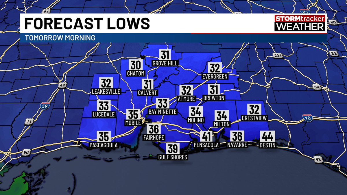 KNBHwx's tweet photo. 🌬️ A very chilly night ahead for the Gulf Coast! Temperatures far inland may drop into the upper 20s, while other areas will be in the 30s. Be prepared for frosty conditions as you start your Thursday. ❄️

#WeatherUpdate #GulfCoast #ChillyNight #FrostyMorning #alwx #mswx #flwx #mobwx