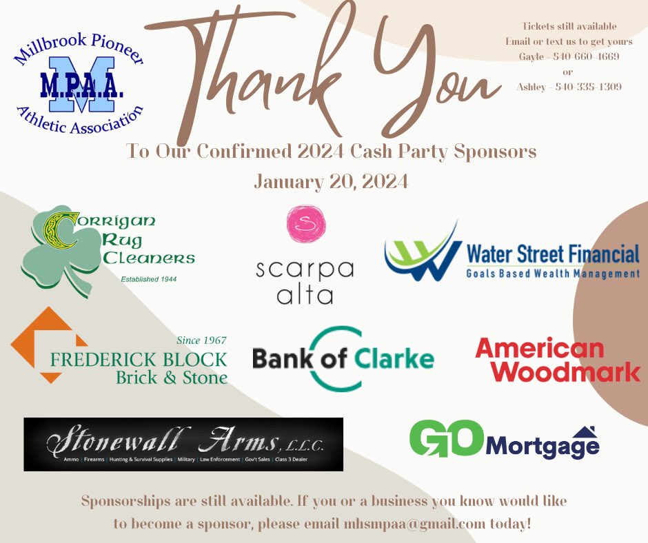 MHS_MPAA's tweet photo. Thank you so much to our confirmed 2024 Cash Party Sponsors!!!  Sponsorships are still available. If you or a business you know would like to become a sponsor, please email mhsmpaa@gmail.com today! #cashparty2024 #onemillbrook #community https://t.co/4OWXTCrQgo
