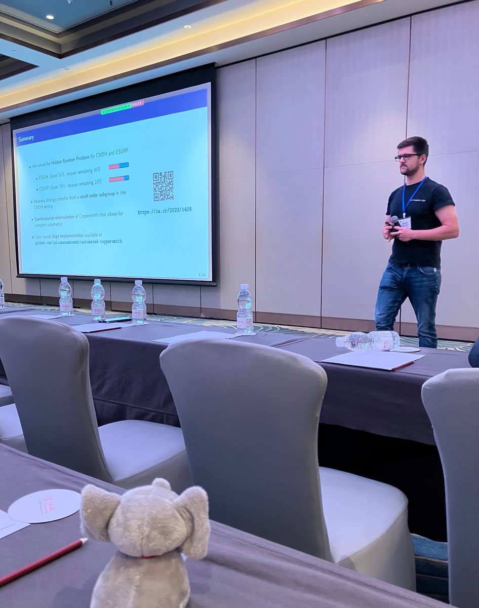 <a href="/casafant/">casafant</a> watching Jonas present our results on the Hidden Number Problem for CSIDH and CSURF at Asiacrypt 23 in Guangzhou.