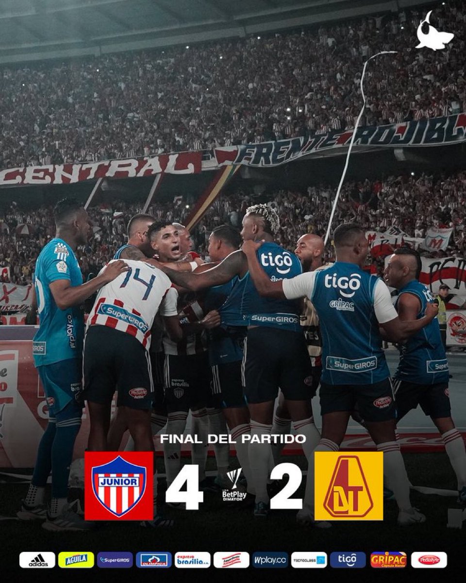 AlejandroChar's tweet photo. Dime, ¿cómo no amarte, Junior? ¡Cómo no amarte!
Estamos en la final. Junior, tu papá, está en la final. Un abrazo a todo el equipo, a la hinchada que apoyó y a @carlos7bacca por sus 100 goles con la roja y blanca.

¡Vamos, Junior! ¡Nos vemos en la final! 🦈🦈🦈 https://t.co/yilrF78ym3