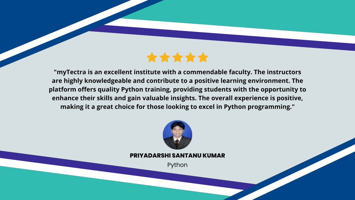mytectra's tweet image. Thank you, Priyadarshi Santanu Kumar! We're thrilled to hear you had a positive experience with myTectra. Your feedback means a lot to us!
#PythonTraining #TechSkills #ProgrammingSuccess #MyTectraExperience #CodingJourney
#myTectra #myTectraReviews