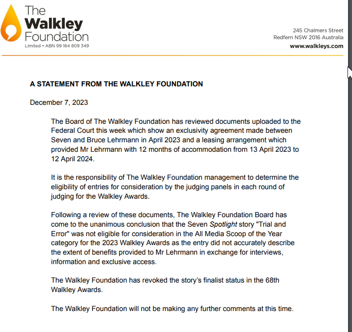ninafunnell's tweet image. BREAKING: The Walkleys have declared Channel 7 #Lehrmann story should NOT have been a finalist in Scoop of the year. 

#CashForComment