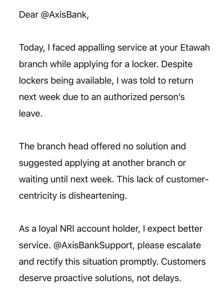 🔴 Urgent: Unacceptable Service at Axis Bank Etawah Branch! 🔴

Dear @AxisBank, @AxisBankSupport @AxisDirect_In 

#CustomerExperience #AxisBankService #UnsatisfiedCustomer