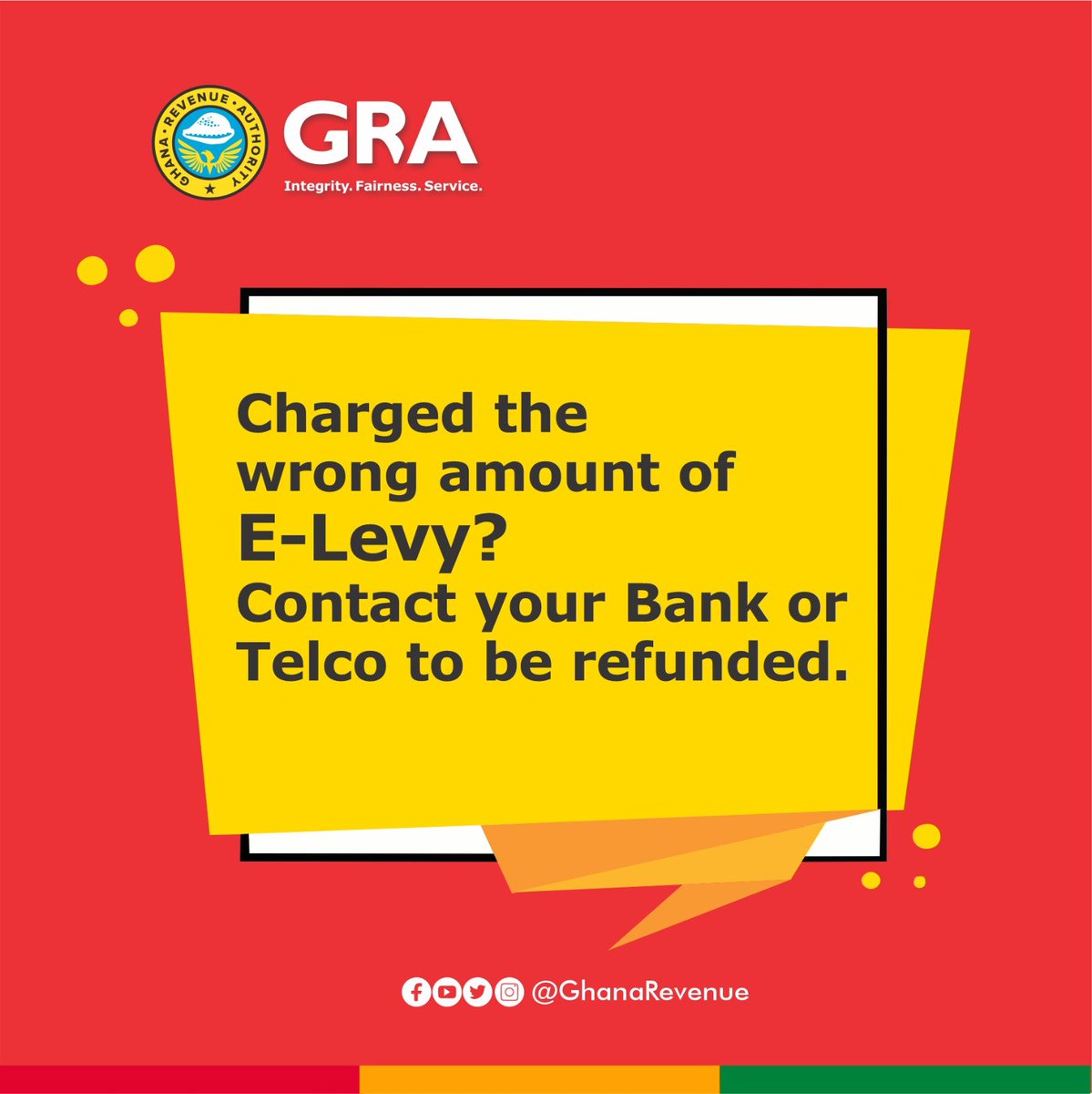 Have you been wrongly charged E-Levy?? 
Do not contact the GRA for the refund. Contact the bank/telco you transferred from to be refunded. 
#ELevy #GhanaRevenue #TaxEducation