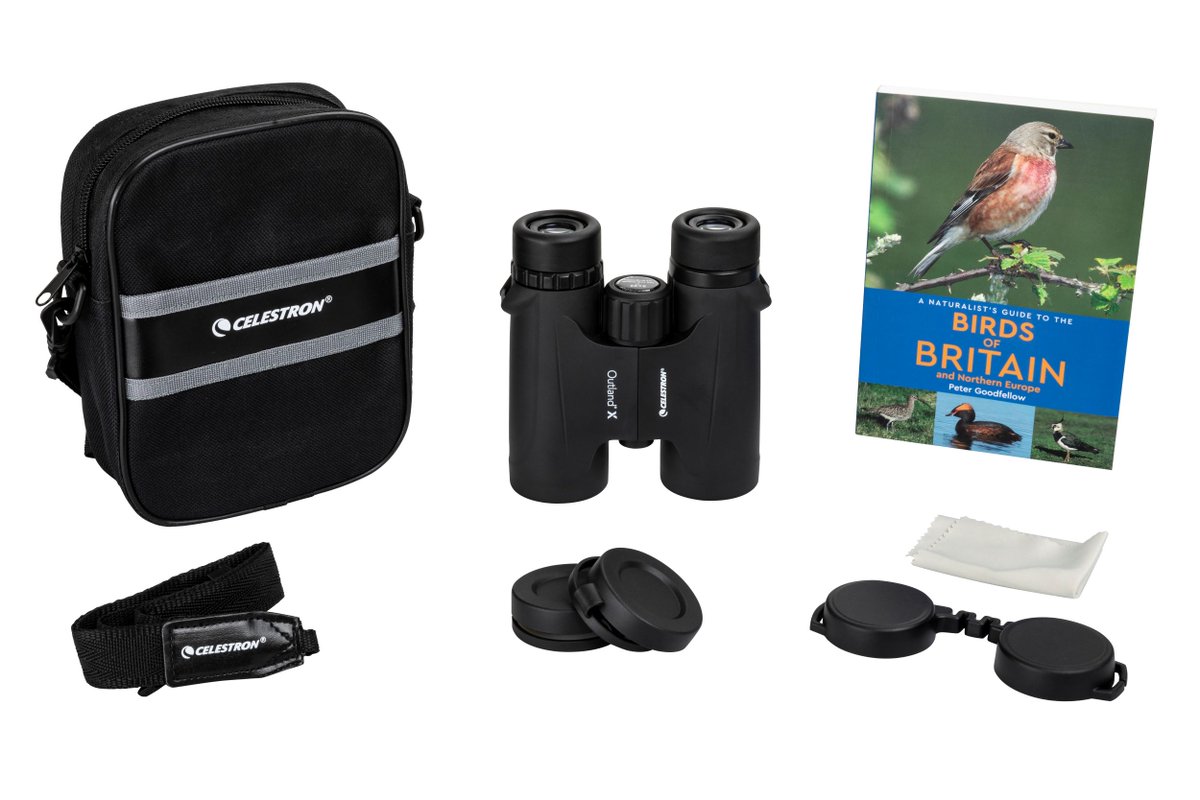 The Outland X 8x32 birder's starter kit is a waterproof 8x32 built for birdwatching with 8x magnification and bright 32mm objective lenses. Included in the gift box is a 155-page guide to the birds of Britain and Northern Europe. RRP £79.99 very.co.uk/celestron-outl…