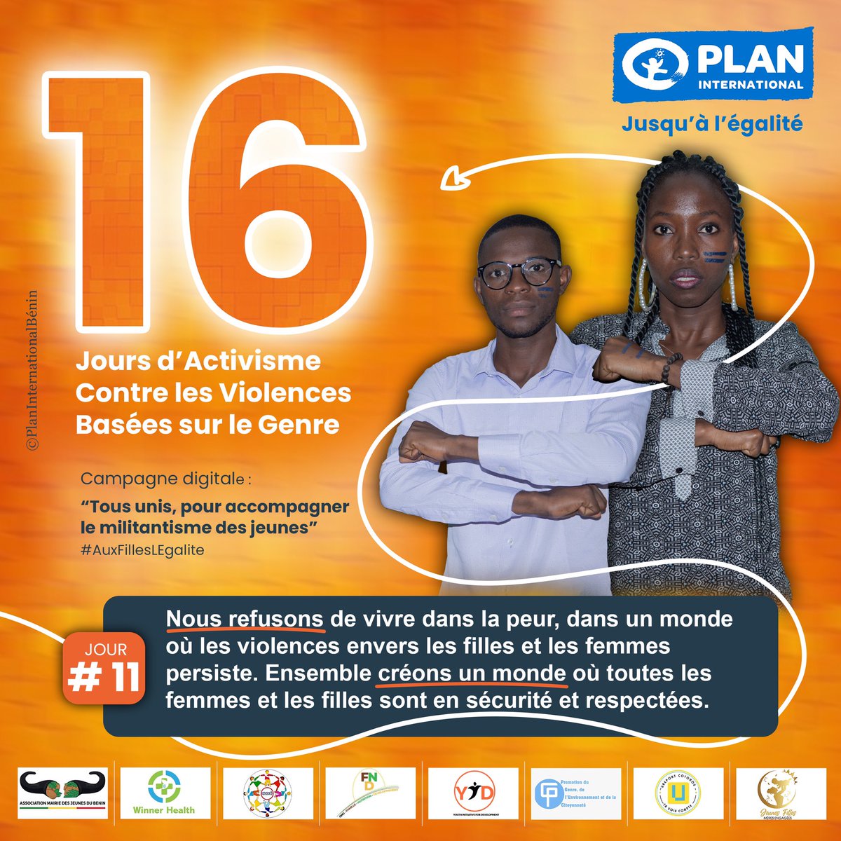 #16DaysOfActivism contre les VBG
#J11

'Nous refusons de vivre dans la peur, dans un monde où les violences envers les filles et femmes persistent. Ensemble, créons un monde où toutes les filles et femmes sont en sécurité et respectées.

#GirlsGetEqual
#AlliesandPartners
#EndGBV