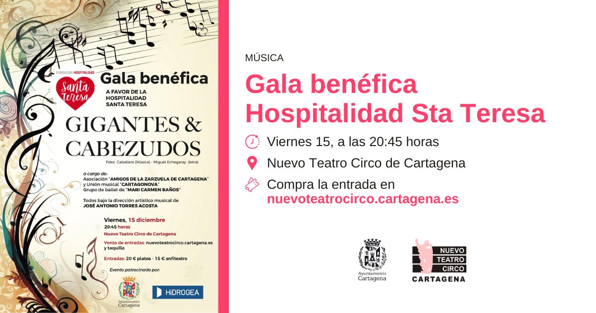 👏 La asociación Amigos de la Zarzuela, la <a href="/U_M_Cartagonova/">UMC</a> y el ballet de Mª Carmen Baños se unen para organizar una gala benéfica, a favor de <a href="/Hospitalidadst/">Hᴏsᴘɪᴛᴀʟɪᴅᴀᴅ Sᴀɴᴛᴀ Tᴇʀᴇsᴀ</a> .

🗓️ Viernes, 15 de diciembre.
⏰ 20:45 horas.

Entradas en nuevoteatrocirco.cartagena.es