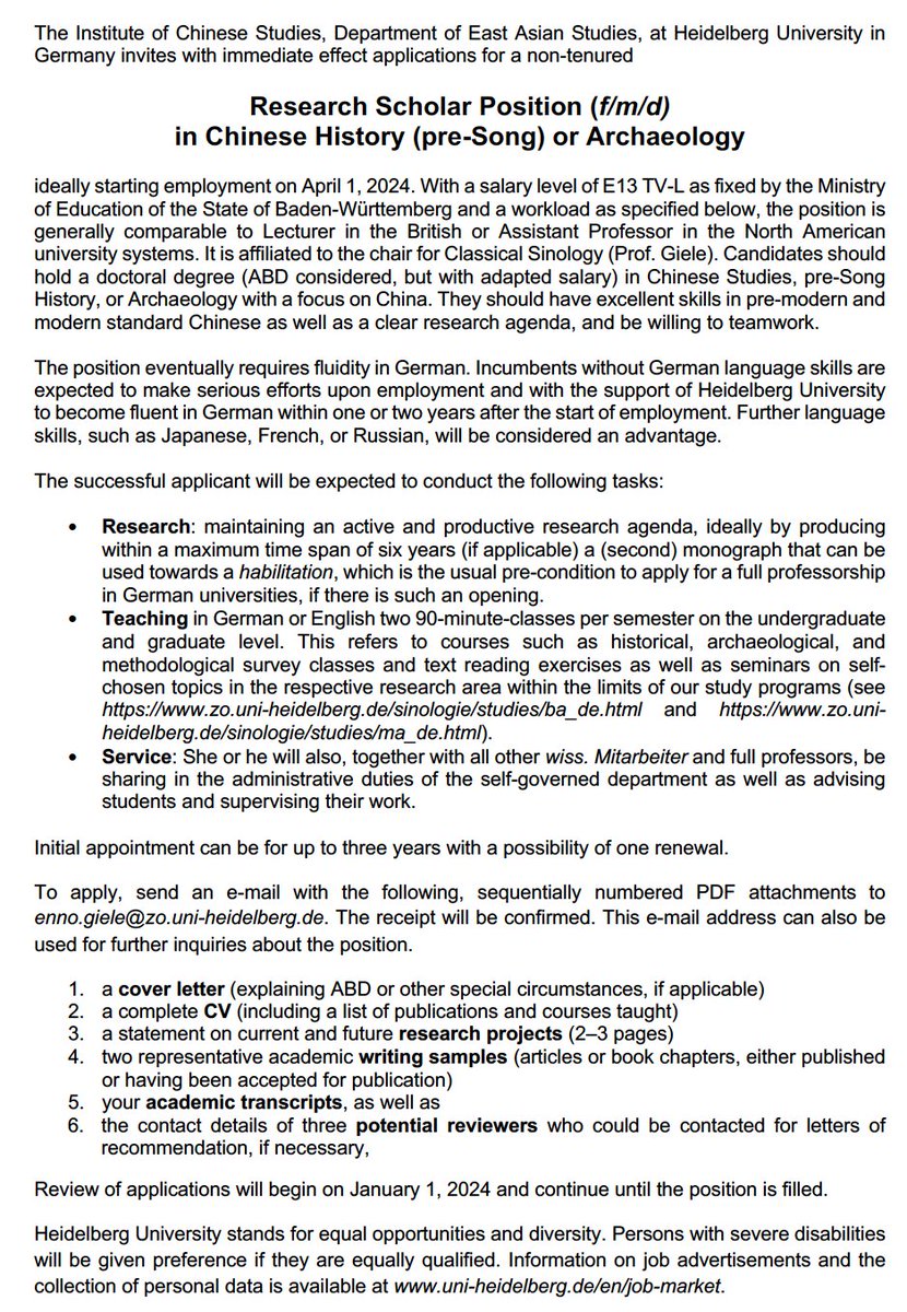 rare research scholar position opening at Heidelberg for historians/archaeologists of Early and Medieval China