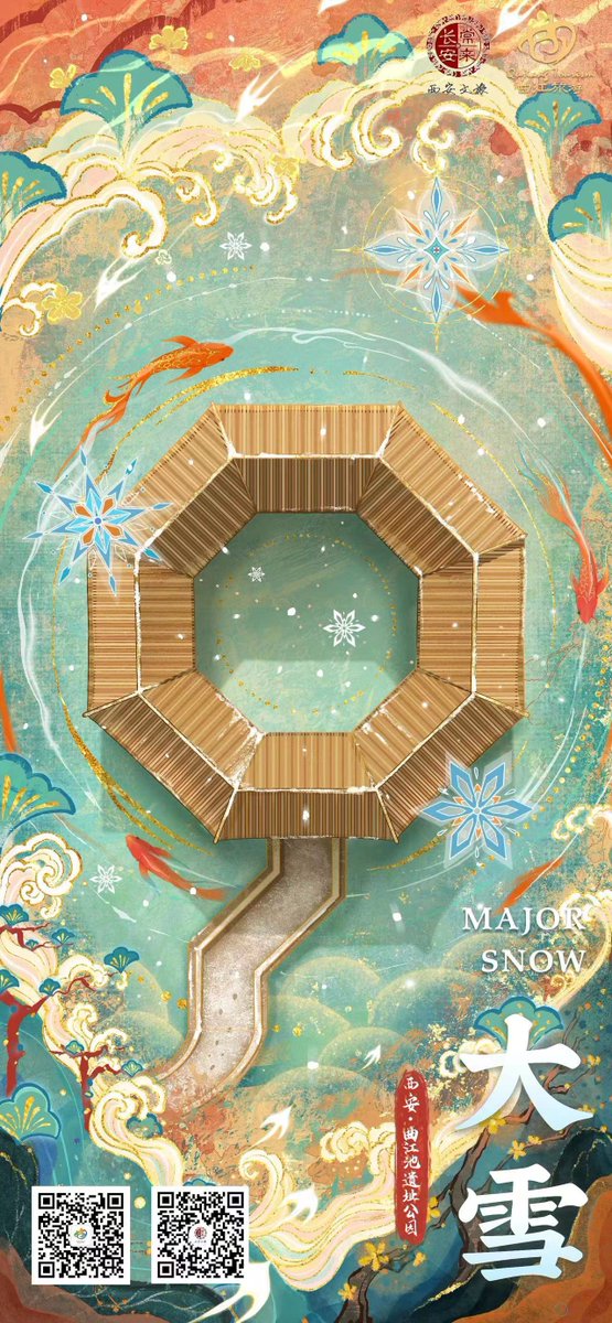 uatcnews's tweet photo. The Major Snow in December marks the gradual descent of temperatures, ushering in a chilly winter.❄️ However, in Xi’an, winter is far from harsh. The vibrant tones of Qujiang Pool Relic Park paint a picturesque scene. Enjoy the serene beauty of winter!🎨✨ #ColorsofSolarTerms https://t.co/VOVf0Glh8D