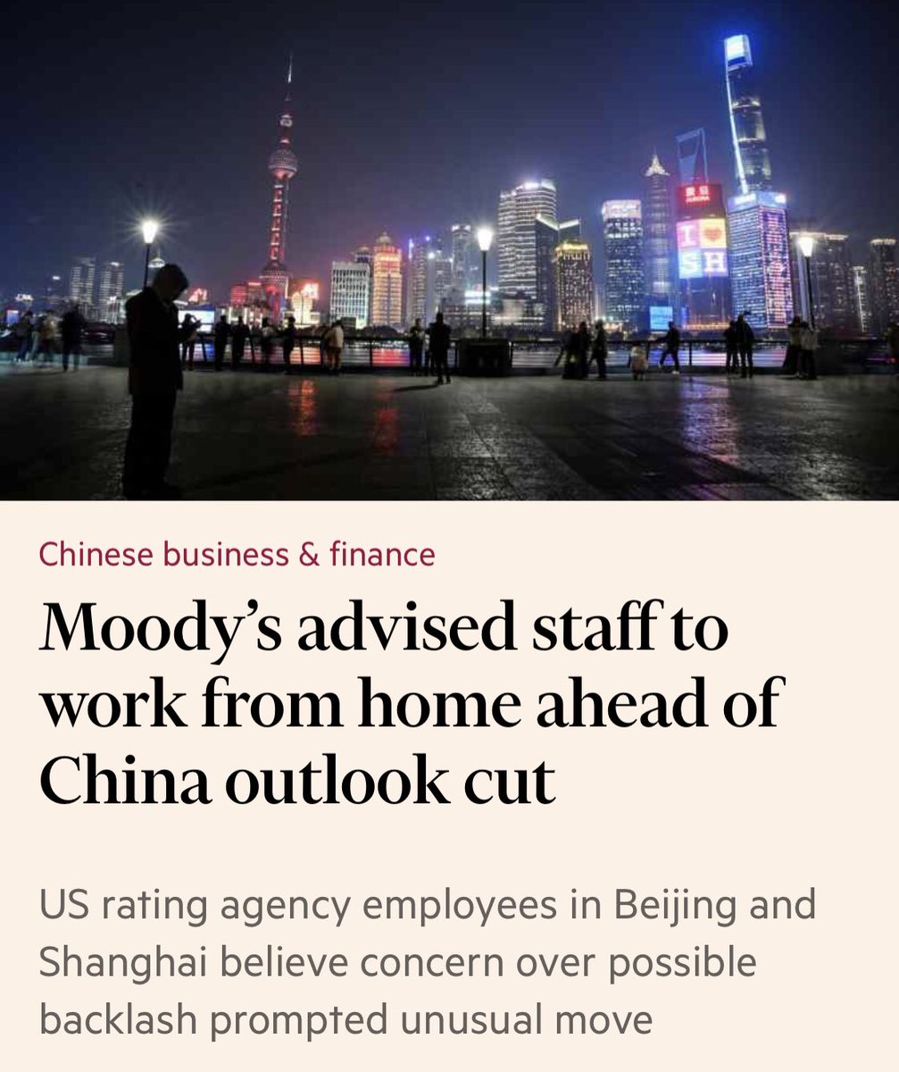 TheresaAFallon's tweet photo. This sounds like a mafia movie script on the dangers and perils of being a rating agency in China. 👀

“The move by the US rating agency highlights the unease of many foreign companies doing business in the world’s second-largest economy, where some have suffered police raids, exit bans for staff and arrests amid tensions between China and the US and its allies.
Some Moody’s department heads in the country told associates on Friday that non-administrative staff in Beijing and Shanghai should not go into the office this week, they said.”
