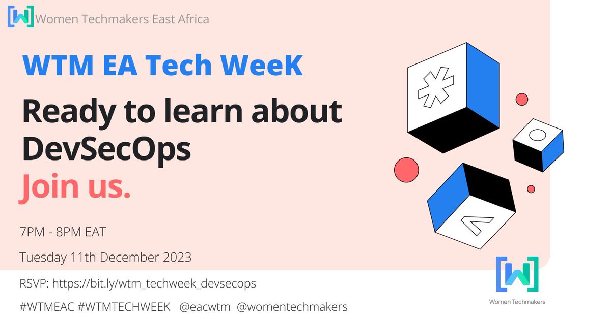 WTMNairobi's tweet photo. Discover the art of seamlessly integrating security into the #DevOps pipeline. Let's demystify the principles, share insights, and strengthen our cyber defenses together. Secure your spot in the future of DevSecOps! #DevSecOps #WTMTECHWEEK #WTMEAC @WomenTechmakers https://t.co/BTPOQViu9v