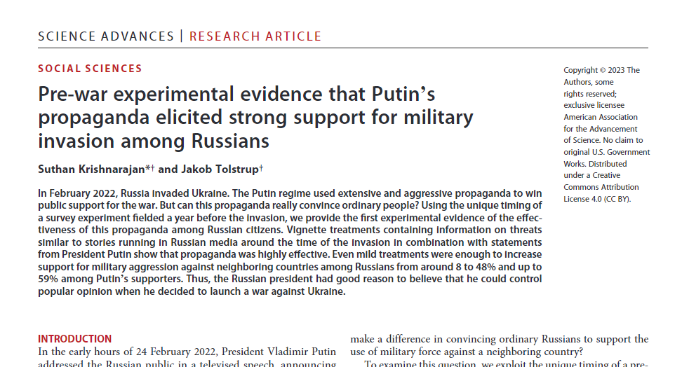 Vladimir Putin’s regime uses extensive propaganda to win public support for war against neighboring countries. But can such efforts really convince ordinary Russians? Our new @ScienceAdvances article shows that the answer is a resounding YES! A short 🧵👇🏾 1/7: