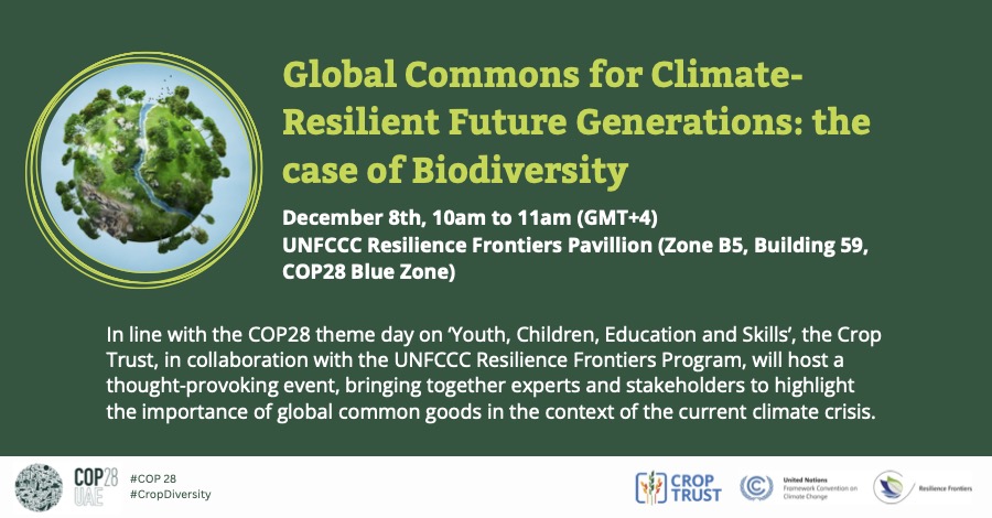 The Crop Trust (@croptrust) on Twitter photo Global common goods are pivotal for building a climate-resilient planet.
Join our #COP28 event with the UNFCCC <a href="/ResilienceFron1/">Resilience Frontiers</a> to explore the significance of international cooperation in protecting global commons such as #cropdiversity for a sustainable and resilient future! Global common goods are pivotal for building a climate-resilient planet.
Join our #COP28 event with the UNFCCC <a href="/ResilienceFron1/">Resilience Frontiers</a> to explore the significance of international cooperation in protecting global commons such as #cropdiversity for a sustainable and resilient future!