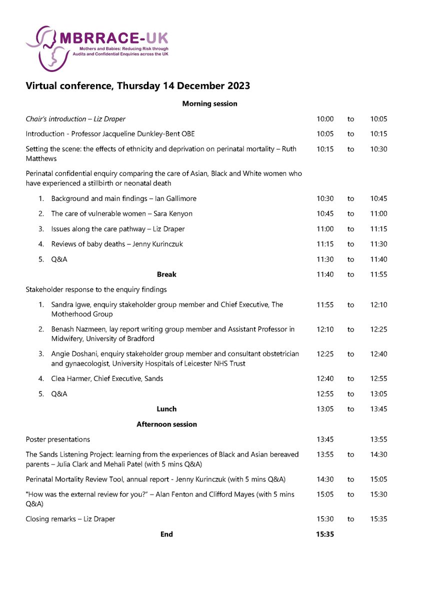 MBRRACE UK (@mbrrace) on Twitter photo Please take a look at the programme for the virtual conference presenting the <a href="/mbrrace/">MBRRACE UK</a> Perinatal Confidential Enquiry Reports 2023
Anyone with an interest in maternity care and safety is welcome to attend
Book here: buff.ly/4a993Xx Please take a look at the programme for the virtual conference presenting the <a href="/mbrrace/">MBRRACE UK</a> Perinatal Confidential Enquiry Reports 2023
Anyone with an interest in maternity care and safety is welcome to attend
Book here: buff.ly/4a993Xx