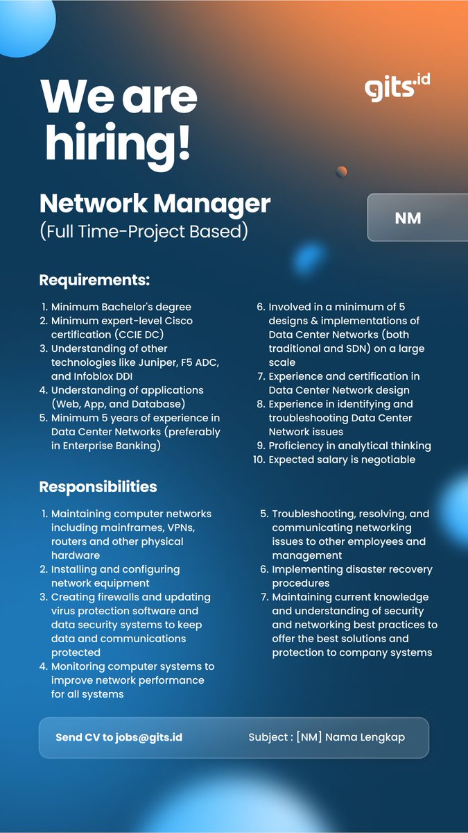 GITS Indonesia (@gitsindonesia) on Twitter photo We are looking for Network Manager (Fulltime-Project Based) to join with us!
Check the requirements needed and send your CV to jobs@gits.id
#Hiring #BuildIntegrateManage #EverythingYouNeed #15YearsforYourBiggerImpact #lokercot We are looking for Network Manager (Fulltime-Project Based) to join with us!
Check the requirements needed and send your CV to jobs@gits.id
#Hiring #BuildIntegrateManage #EverythingYouNeed #15YearsforYourBiggerImpact #lokercot