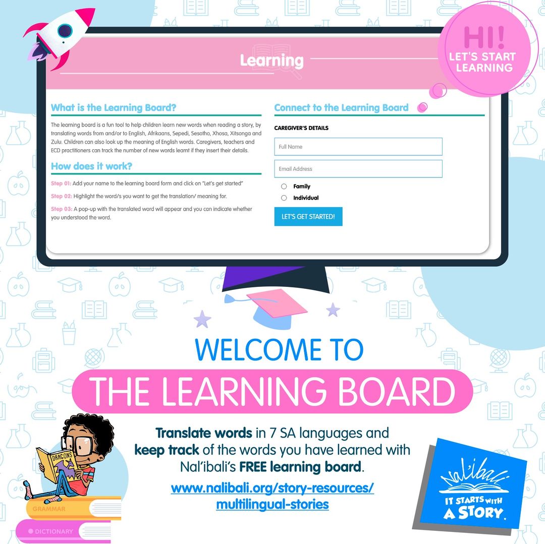 nalibaliSA's tweet image. The summer holidays are a great opportunity to enjoy stories and learn new words with children. Nal&apos;ibali&apos;s FREE-to-use story learning board helps children learn new words by translating them into 7 SA languages. Use the tool here bit.ly/2HUkMkA #nalibali #learningboard