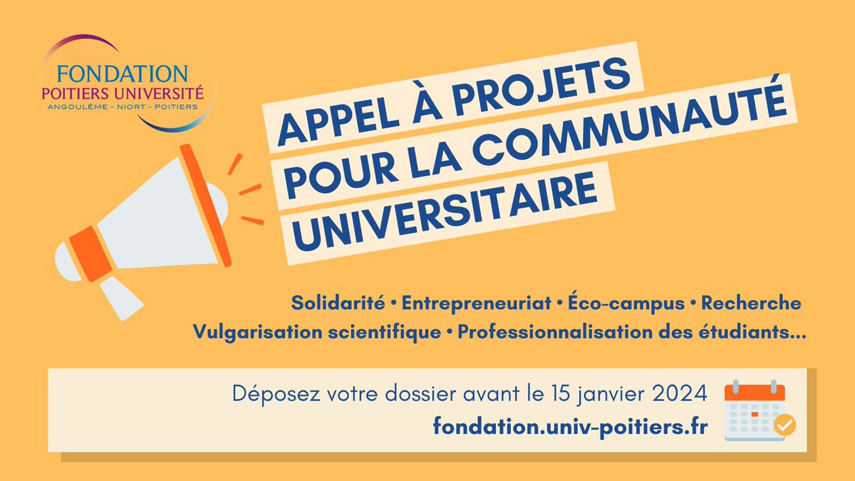 #AppelAProjets 

📣 Étudiants, diplômés, personnels, enseignants-chercheurs de l'<a href="/UnivPoitiers/">Université de Poitiers</a>, vous avez un projet qui s'inscrit dans les axes de la <a href="/FonPoitiersUniv/">Fondation Poitiers Université</a> ? L'appel à projets 2024 est ouvert !

⏰ Déposez votre dossier avant le 15 janvier.

👉 fondation.univ-poitiers.fr/accueil/bourse…