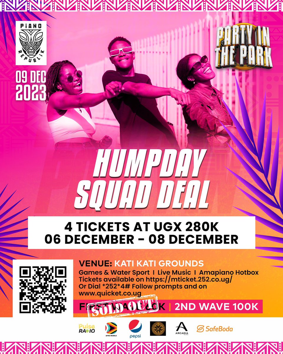 This Saturday, #PartyInTheParkUG promises a day of music, laughter, and good times.   
Get your squad together and grab your squad tickets today via mticket.252.co.ug.   

#PulseRadioUG